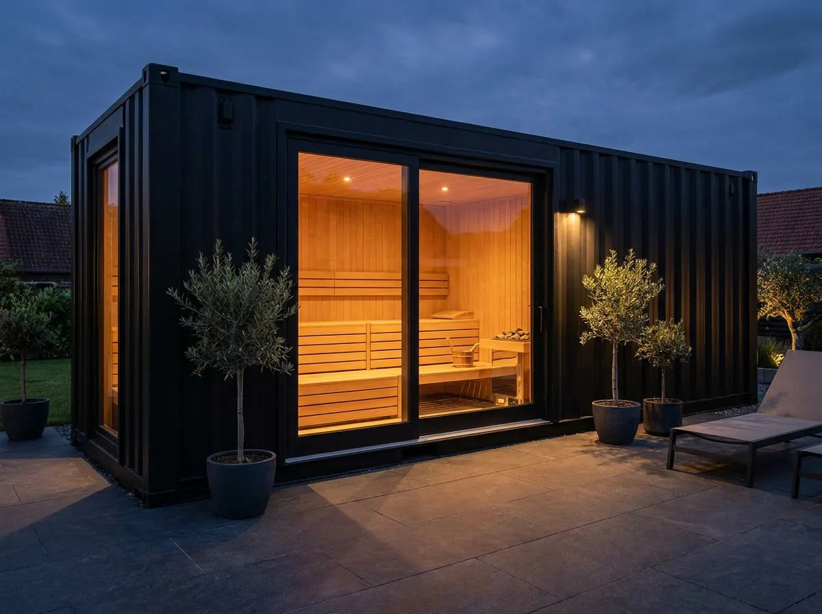 Black modular container space with warm interior lighting